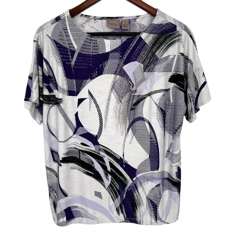 Chicos Easywear Sz 1 MEDIUM 8/10 Purple Stretchy Blouse Shirt Top Mature Comfy - Picture 1 of 7